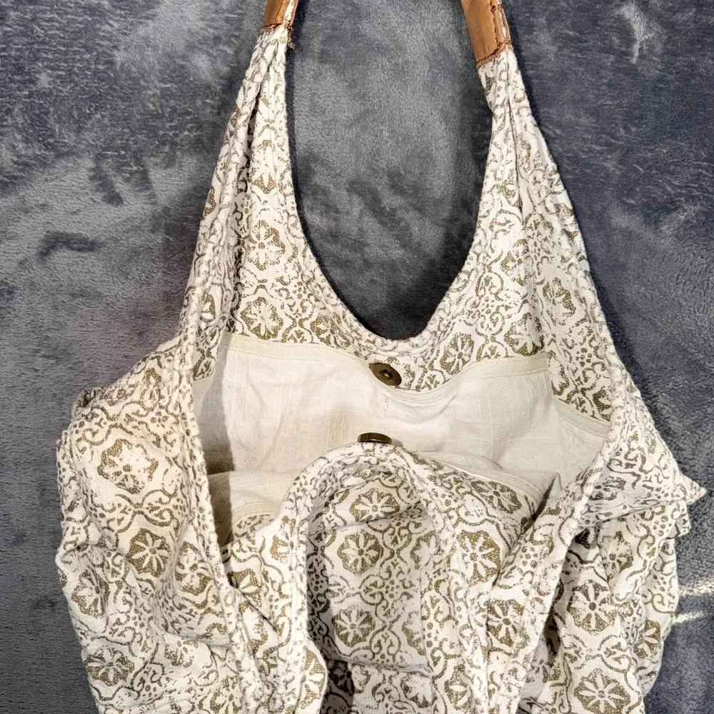 Womens Hobo Bag Cream Gold Medallion Print Genuine Leather Strap Cotton Shoulder